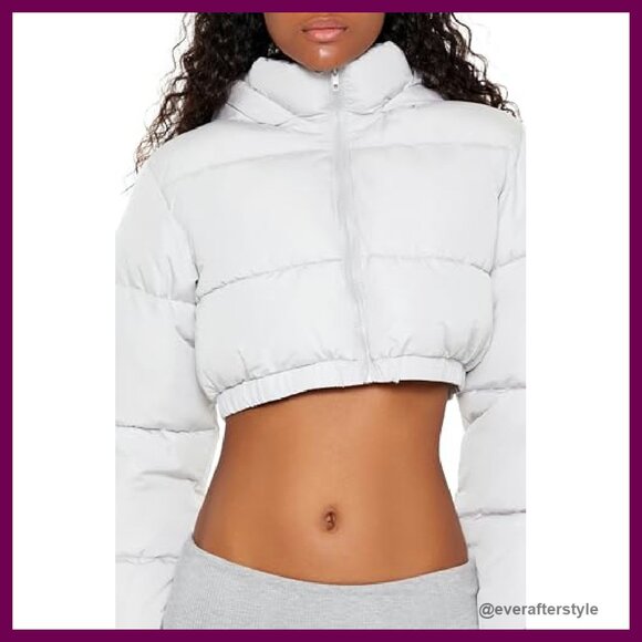 Super Cropped Puffer Jacket Quilted Channel Stitch Hood Funnel Neck Y2K - Picture 4 of 6